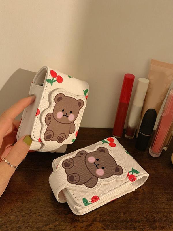 Cute Cartoon Bear & Cherry Pattern Makeup Bag with Mirror, Portable Travel Makeup Bag, Cosmetic Storage Bag, Makeup Organizer Pouch for Women & Girls