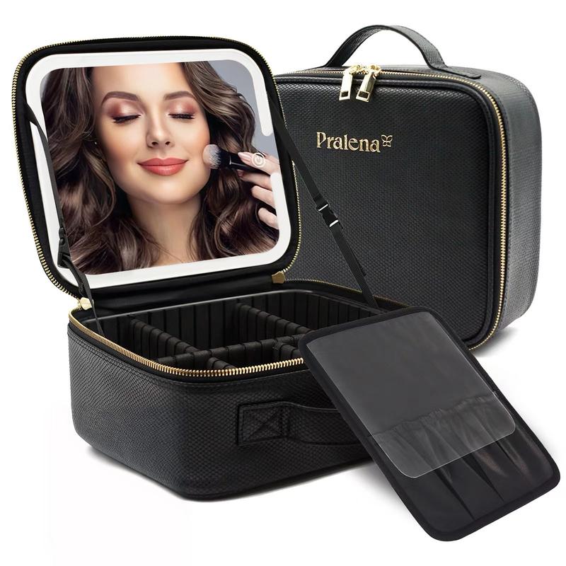 Pralena Travel Makeup Bag with LED Mirror and Brush Holder, Portable Makeup Artist Organizer Bag, Makeup Case with 3 Color Lighted Setting