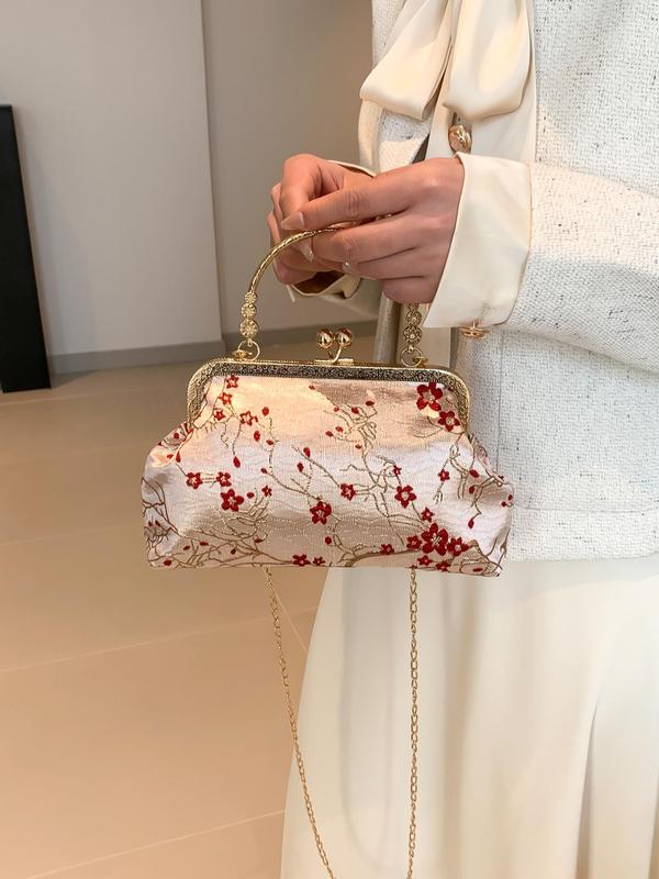 Women's Fashion Embroidered Flower Design Chain Strap Handbag, Elegant Buckle Decorated Satchel, Casual Trendy Versatile High-quality Daily Commuting Bag, Girl Fashionable Shopping Bag