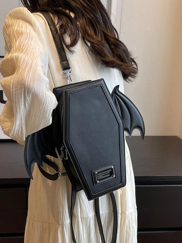 Women's Fashionable Punky Style Plain Bat Wing Decor Letter Label Funny Backpack, Novelty Matching Backpack for Women with Adjustable Strap for Daily Used, Fall Outfits, Fall Freshness