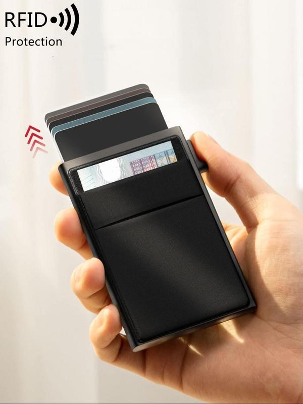 Men's Business Fashion RFID Wallet, Minimalist Solid Color Card Holder, Automatic Pop-up Card Holder with Money Clip, Casual Trendy Card Holder for Work & Daily Use