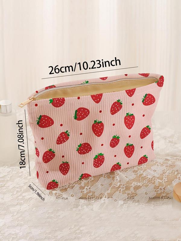 Strawberry Pattern Corduroy Makeup Bag, Cute Style Light Multi-functional Fashion Leisure Makeup Bag, Travel Makeup Bag, Suitable for Leisure Travel, Business Trips