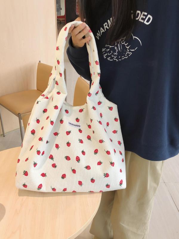 Strawberry Pattern Patched Design Tote Bag, Casual Corduroy Shoulder Bag, Fashionable Large Capacity Tote Bag for Women