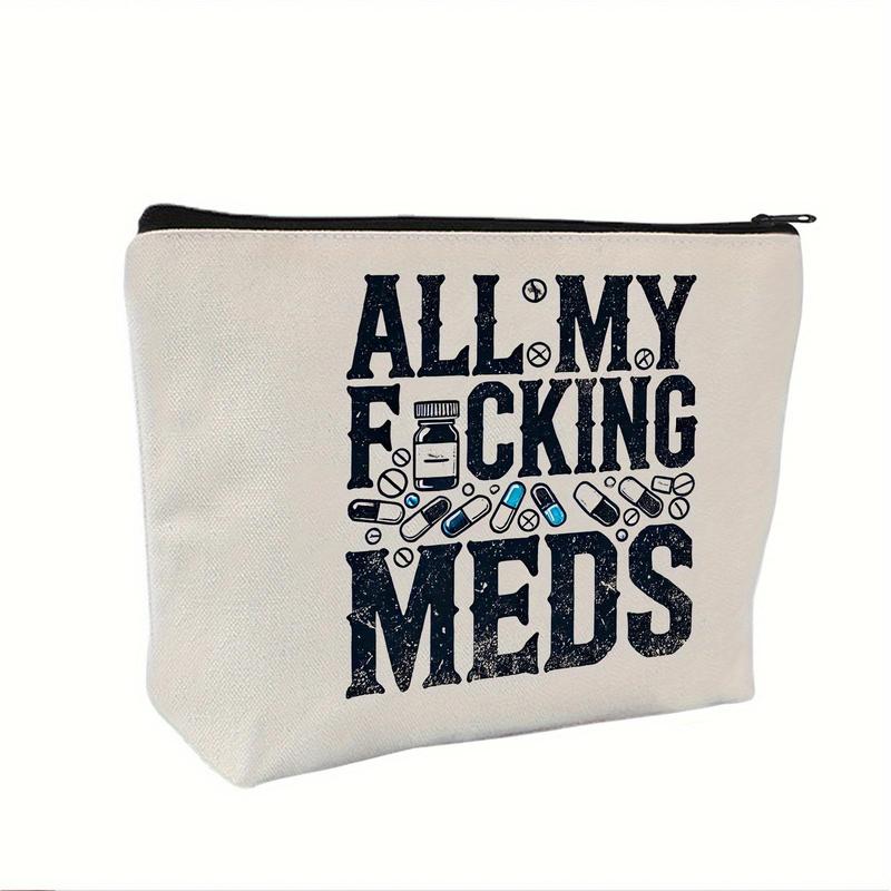 All My Meds Letter Pattern Makeup Bag, 1 Count Reusable Zipper Makeup Bag, Travel and Makeup Pill Storage Bag, Perfect for Gifts To Women