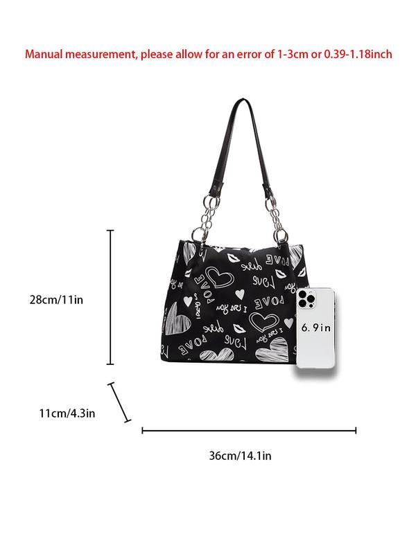 Women's Fashionable Cartoon Heart Pattern Tote Bag, Casual Large Capacity Shoulder Bag for Daily Used, Trendy All-match Bag for Commuters and Students