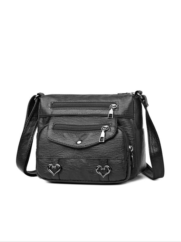 Women's Fashionable Heart Decor Crossbody Bag, Vintage Multi Pockets Shoulder Bag for Daily Used, Casual Pu Leather Daily Commuting Bag