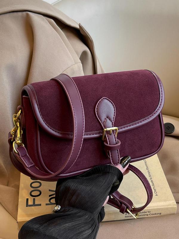 Women's Solid Color Suede Crossbody Bag, Fashionable Belted Design Shoulder Bag for Daily Used, Casual Trendy Versatile High-quality Daily Commuting Bag