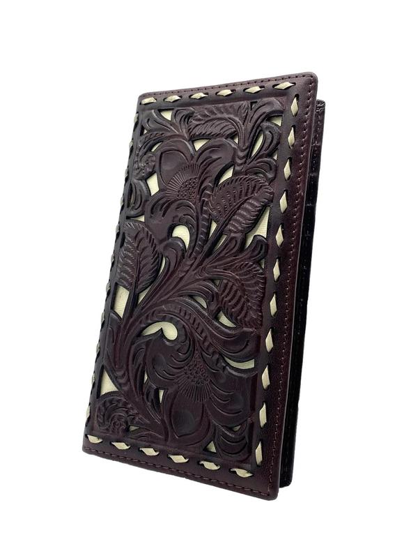 Genuine Leather Vintage Hollow Out Design Long Wallet, Color Block Plants Embossed Long Wallet, Multi Card Slots Bifold Wallet for Women