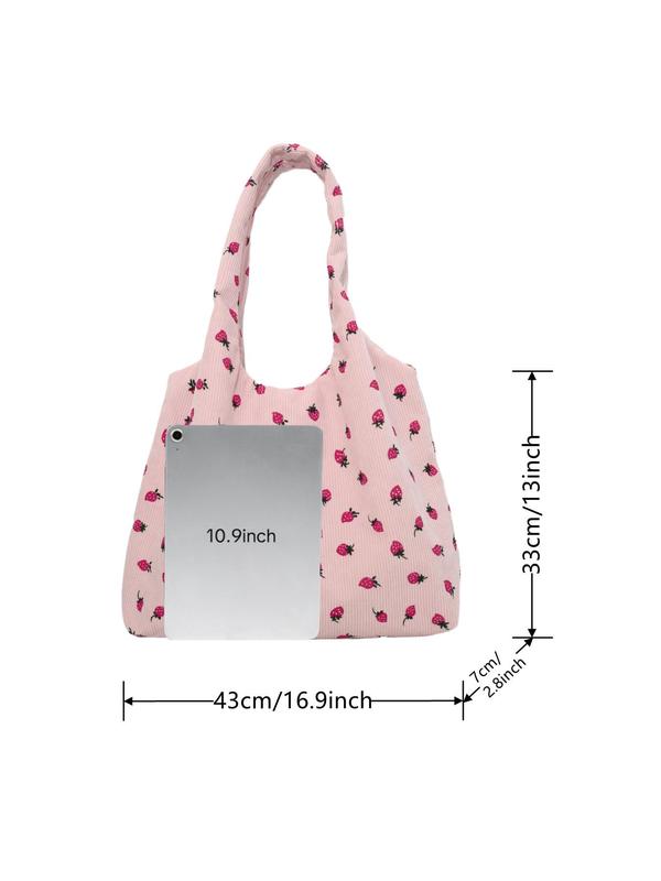 Strawberry Pattern Patched Design Tote Bag, Casual Corduroy Shoulder Bag, Fashionable Large Capacity Tote Bag for Women