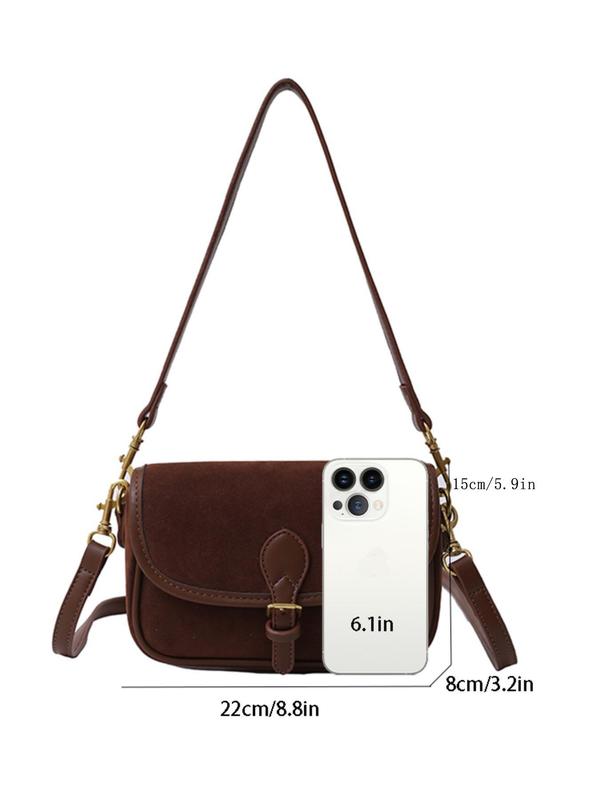 Women's Solid Color Suede Crossbody Bag, Fashionable Belted Design Shoulder Bag for Daily Used, Casual Trendy Versatile High-quality Daily Commuting Bag