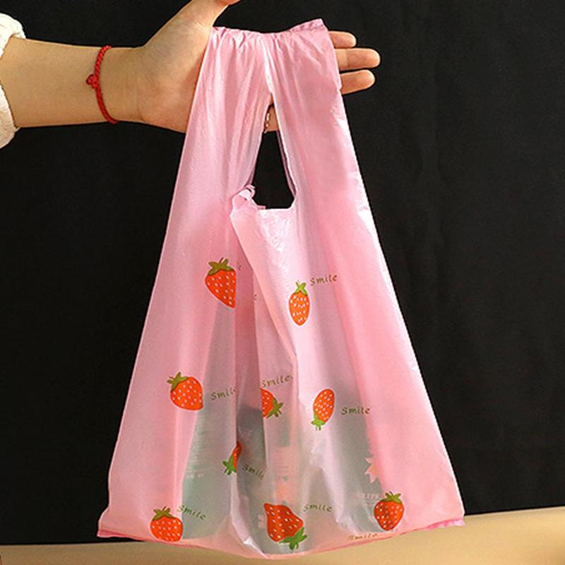 Cartoon Strawberry Pattern Plastic Bag (50 Counts), Plastic Shopping Bag, Gift Wrapping Bag for Wedding, Birthday, Festival, Party, Daily Use