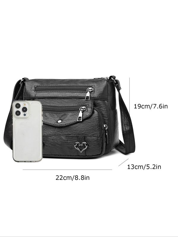 Women's Fashionable Heart Decor Crossbody Bag, Vintage Multi Pockets Shoulder Bag for Daily Used, Casual Pu Leather Daily Commuting Bag