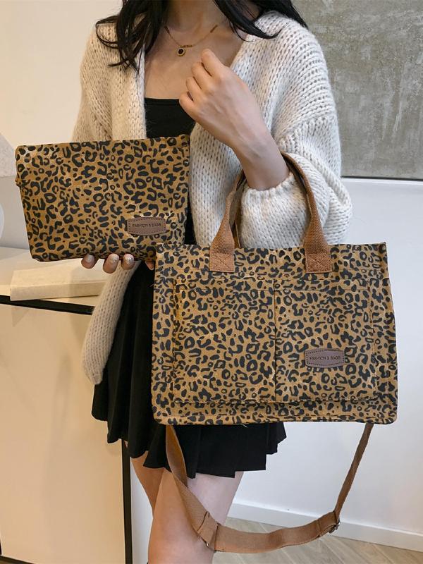 Fashion Leopard Pattern Tote Bag & Zipper Wallet, Casual Versatile Shoulder Bag & Handbag, Trendy All-match Bag Set for Women