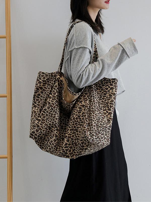 Women's Casual Leopard Print Tote Bag, Lightweight Large Capacity Foldable Shoulder Bag, Casual Versatile Commuting Bag for Women & Girls, Fall Outfit、Fall Freshness