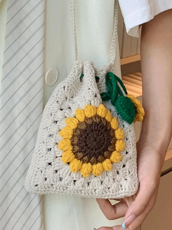 Women's Fashionable Sunflower Design Crossbody Bag, Casual Versatile Drawstring Shoulder Bag for Daily Used, Trendy All-match Bag for Commute, Trip, Work, Travel