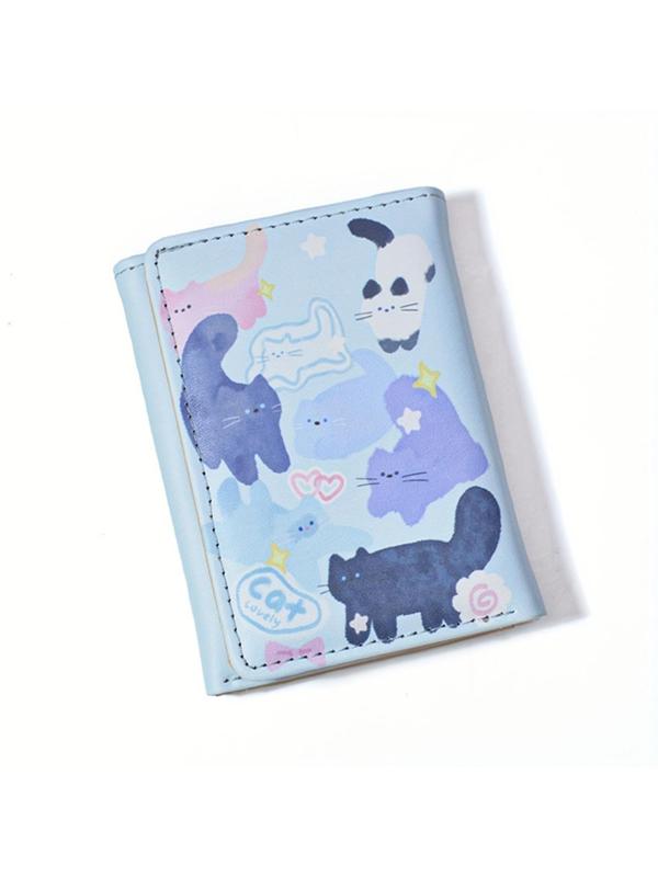 Cute Cartoon Cat Pattern Trifold Wallet, Casual PU Leather Zipper Short Wallet, Fashionable Card Holder for Women & Girls