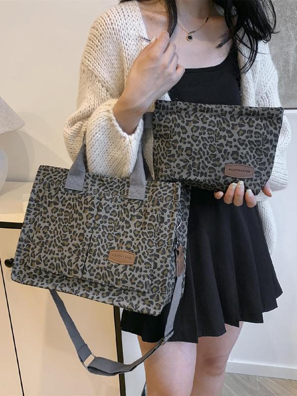 Fashion Leopard Pattern Tote Bag & Zipper Wallet, Casual Versatile Shoulder Bag & Handbag, Trendy All-match Bag Set for Women