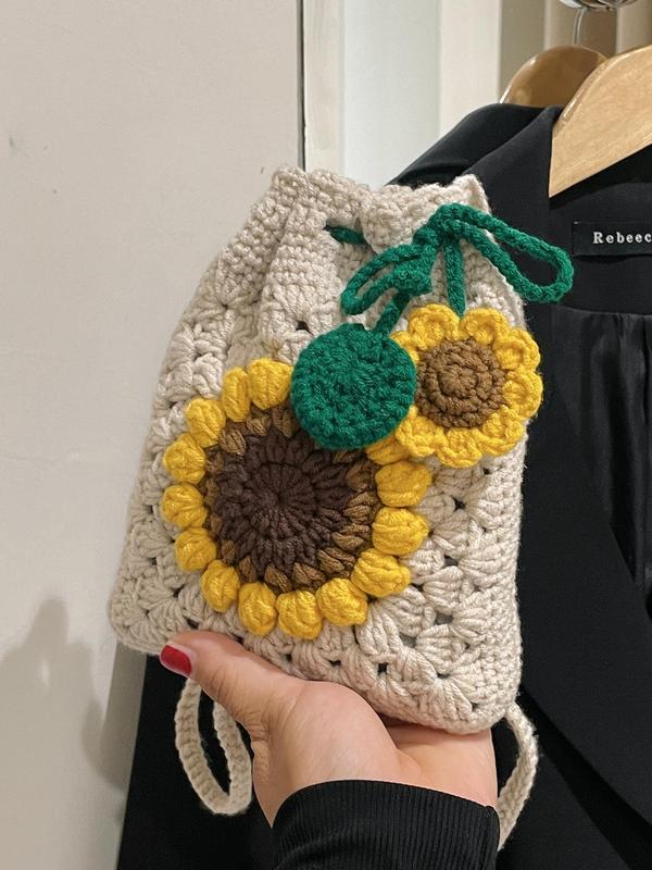 Women's Fashionable Sunflower Design Crossbody Bag, Casual Versatile Drawstring Shoulder Bag for Daily Used, Trendy All-match Bag for Commute, Trip, Work, Travel