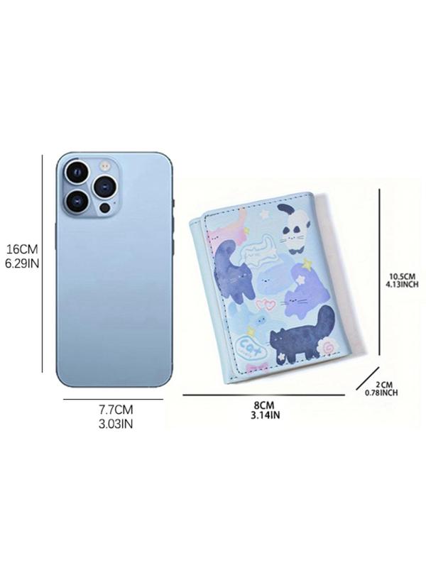 Cute Cartoon Cat Pattern Trifold Wallet, Casual PU Leather Zipper Short Wallet, Fashionable Card Holder for Women & Girls