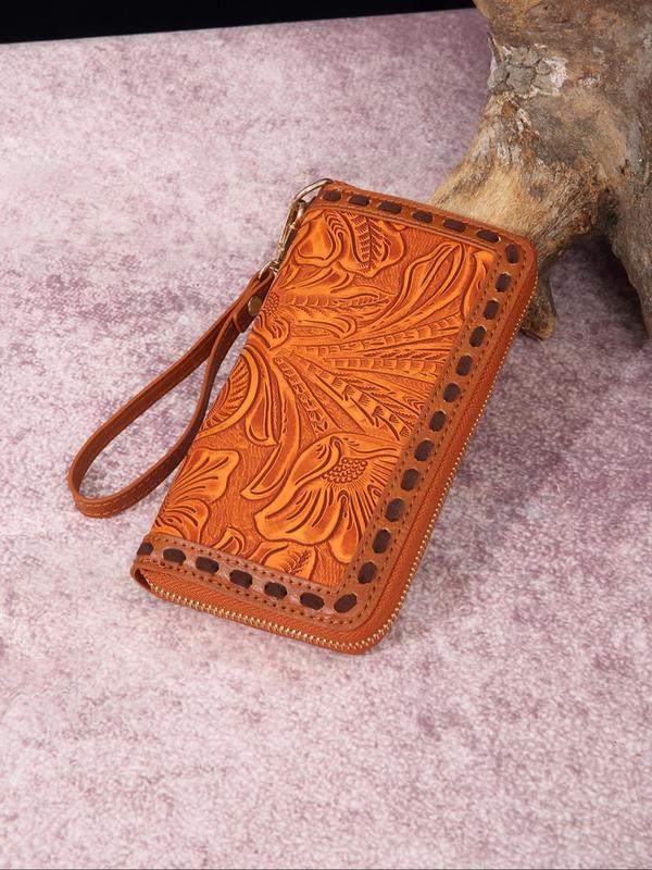 Women's Summer 2024 Fashion Vintage Pu Leather Long Wallet, Casual Zipper Random Plants Print Wristlet Wallet for Daily Use, Matching New Trendy Card Holder, Zip Card Case As Gift, Purse for Women