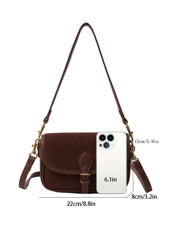 Women's Solid Color Suede Crossbody Bag, Fashionable Belted Design Shoulder Bag for Daily Used, Casual Trendy Versatile High-quality Daily Commuting Bag