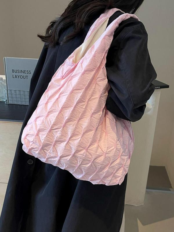 Women's Solid Color Ruched Bubble Grid Design Tote Bag, Large Capacity Shoulder Bag for Work & Daily Used, Casual Trendy Versatile High-quality Daily Commuting Bag