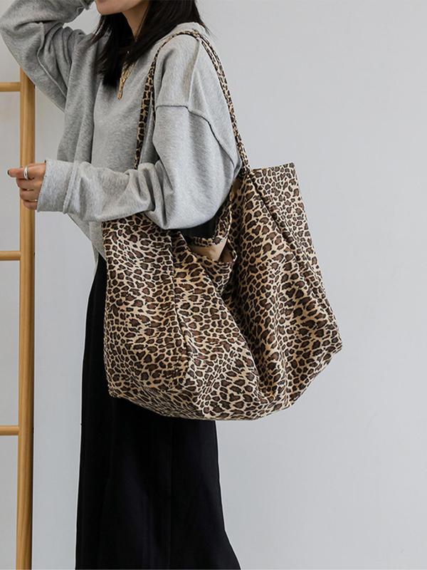 Women's Casual Leopard Print Tote Bag, Lightweight Large Capacity Foldable Shoulder Bag, Casual Versatile Commuting Bag for Women & Girls, Fall Outfit、Fall Freshness