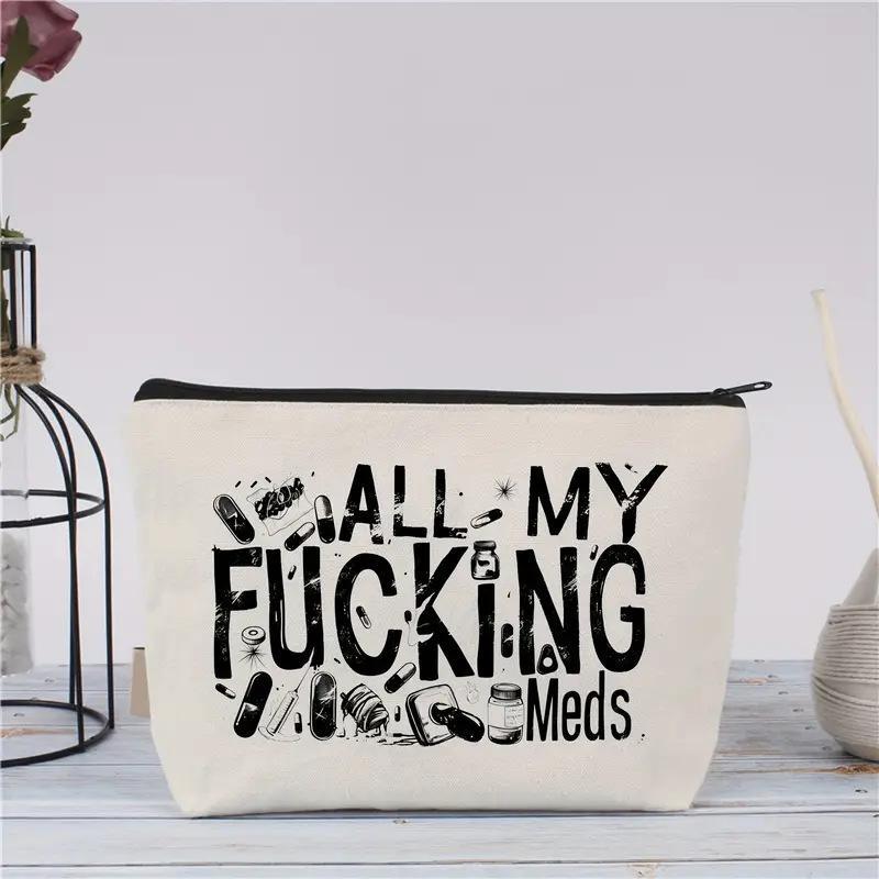 All My Meds Letter Pattern Makeup Bag, 1 Count Reusable Zipper Makeup Bag, Travel and Makeup Pill Storage Bag, Perfect for Gifts To Women