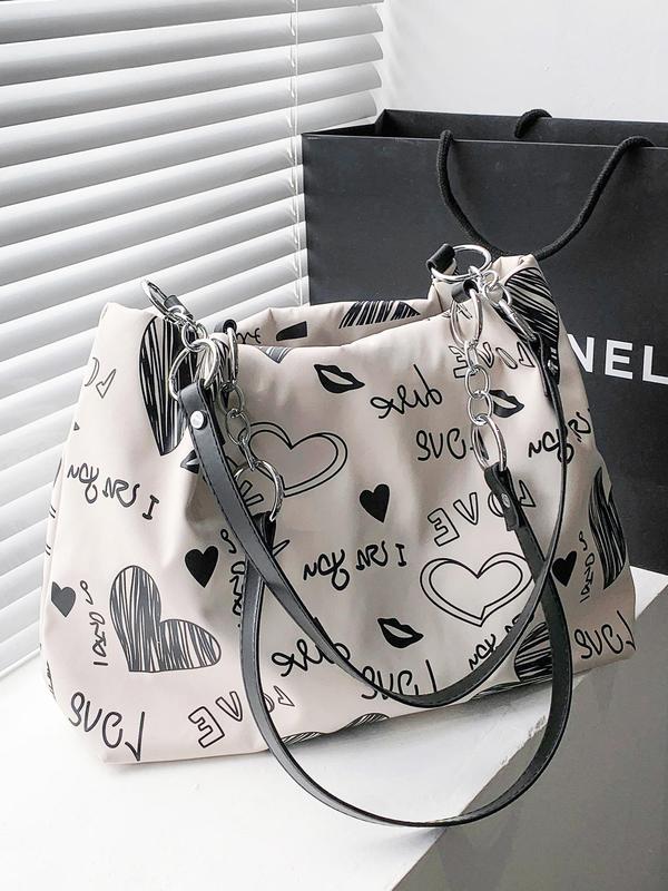 Women's Fashionable Cartoon Heart Pattern Tote Bag, Casual Large Capacity Shoulder Bag for Daily Used, Trendy All-match Bag for Commuters and Students