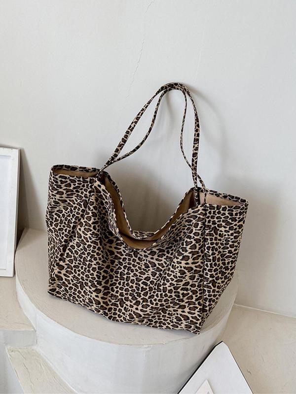 Women's Casual Leopard Print Tote Bag, Lightweight Large Capacity Foldable Shoulder Bag, Casual Versatile Commuting Bag for Women & Girls, Fall Outfit、Fall Freshness