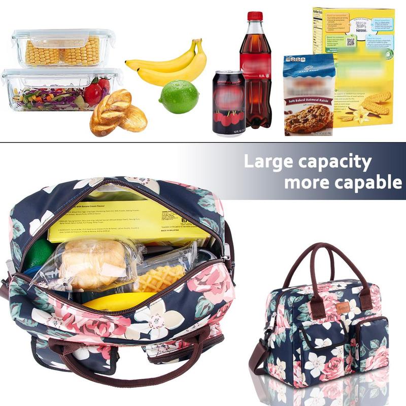 Floral Pattern Bento Bag, 1 Count Reusable Lunch Bag with Shoulder Strap, Insulated Lunch Bag for Outdoor Picnic