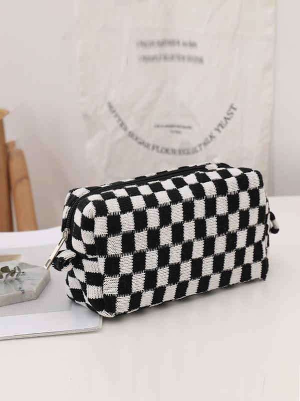 Simple Fashion Check Pattern Zipper Knitted Makeup Bag,  Large Capacity Women's Make-up Bag, Portable Cosmetic Storage Bag