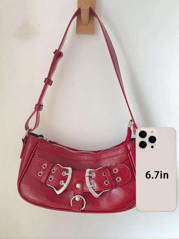 Women's Y2K Style Solid Color Grommet Eyelet Design Shoulder Bag, Fashionable PU Leather Zipper Underarm Bag for Work & Daily Used, Casual Trendy Versatile High-quality Daily Commuting Bag