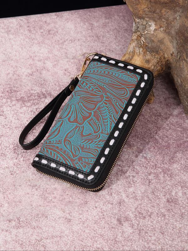 Women's Summer 2024 Fashion Vintage Pu Leather Long Wallet, Casual Zipper Random Plants Print Wristlet Wallet for Daily Use, Matching New Trendy Card Holder, Zip Card Case As Gift, Purse for Women