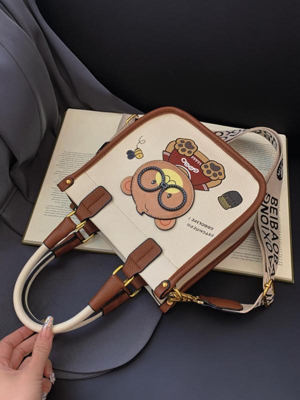 Women's Cute Cartoon Bear Pattern Crossbody Bag, Fashion Pu Leather Zipper Shoulder Bag for Daily Used, Casual Trendy Versatile High-quality Daily Commuting Bag