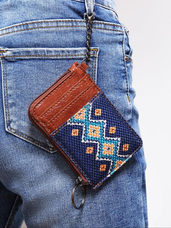 Women's Boho Style Colorful Ethnic Pattern Zip-up Card Holder & Coin Purse, Summer Casual Trendy Short Wallet with Card Slots, Fashionable Vintage Card Holder for Daily Use, Geometric Pattern Handbag