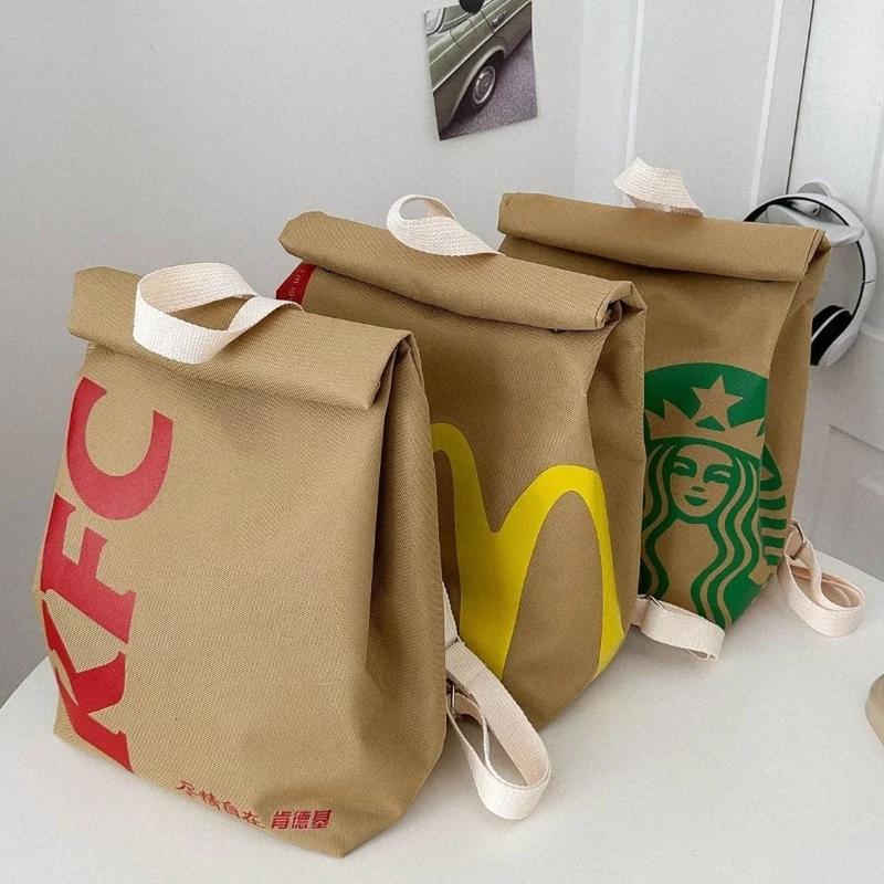 Funny McDonald's KFC Starbucks Paper Bag Casual Canvans Backpack Large Capacity Student School Bags Birthday Gift