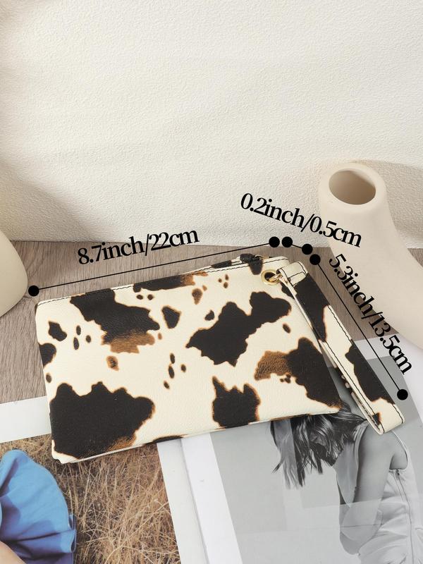 Women's Fashion Cow Pattern Zipper Wristlet, Casual PU Leather Clutch Purse for Daily Used, Trendy All-match Bag