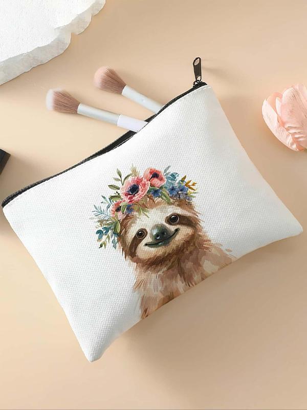 Sloth Pattern Makeup Bag, Floral Decor Cosmetic Storage Bag, Multi-functional Makeup Organizer Pouch, Versatile Storage Bag for Travel, Business Trips