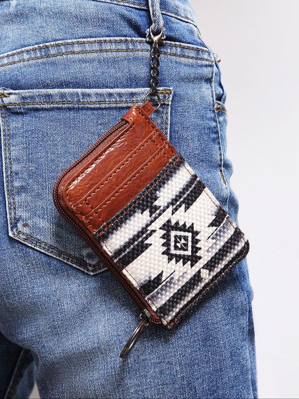 Women's Boho Style Colorful Ethnic Pattern Zip-up Card Holder & Coin Purse, Summer Casual Trendy Short Wallet with Card Slots, Fashionable Vintage Card Holder for Daily Use, Geometric Pattern Handbag