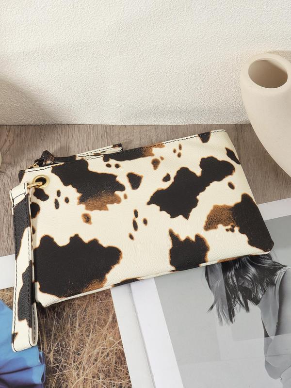 Women's Fashion Cow Pattern Zipper Wristlet, Casual PU Leather Clutch Purse for Daily Used, Trendy All-match Bag