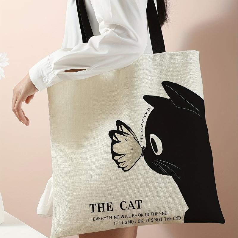 Kawaii Cute Cartoon Printed Handbag, Large Capacity Canvas Shoulder Bag, Women's Casual Reusable Handbag and Shopping Travel Beach Bag plain casual