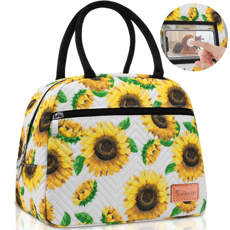 Flower Pattern Bento Bag, 1 Count Portable Multifunctional Insulated Lunch Bag with Handle, Lunch Box Storage Bag for School Office Outdoor Camping Picnic