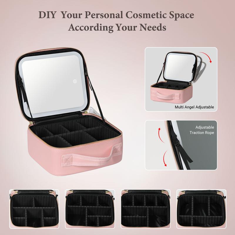 Behaesty Makeup case with LED Mirror multiple color travel makeup bag with Mirror lighted of 3-colour LED Lighted with Adjustable Dividers