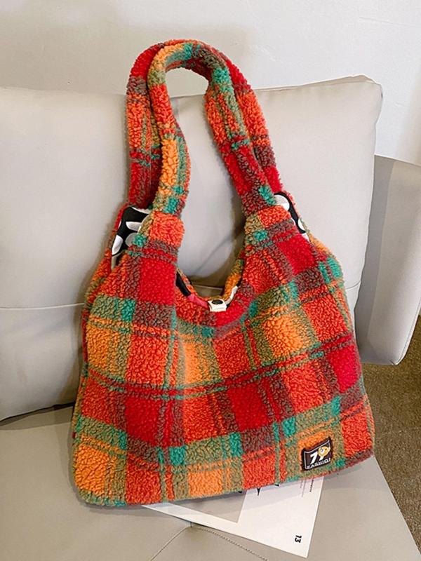 Women's Colorblock Plaid Pattern Tote Bag, Large Capacity Shoulder Bag, Retro Y2K Stylish Tote Bag for Women & Girls