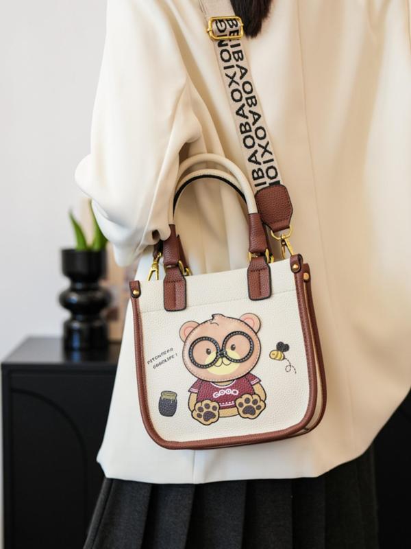 Women's Cute Cartoon Bear Pattern Crossbody Bag, Fashion Pu Leather Zipper Shoulder Bag for Daily Used, Casual Trendy Versatile High-quality Daily Commuting Bag