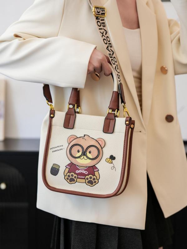 Women's Cute Cartoon Bear Pattern Crossbody Bag, Fashion Pu Leather Zipper Shoulder Bag for Daily Used, Casual Trendy Versatile High-quality Daily Commuting Bag