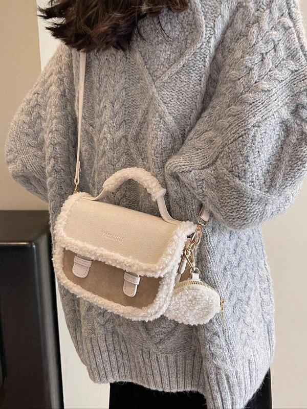 Women's Suede Handbag with Faux Fur Decor, Casual Versatile Solid Color Shoulder Bag with Coin Purse, Trendy High-quality Daily Commuting Bag, Girl Fashionable Bag