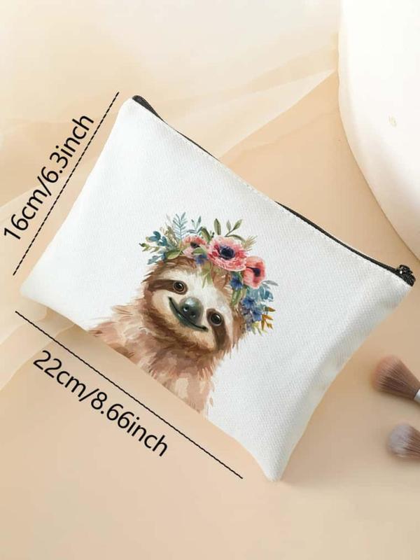 Sloth Pattern Makeup Bag, Floral Decor Cosmetic Storage Bag, Multi-functional Makeup Organizer Pouch, Versatile Storage Bag for Travel, Business Trips