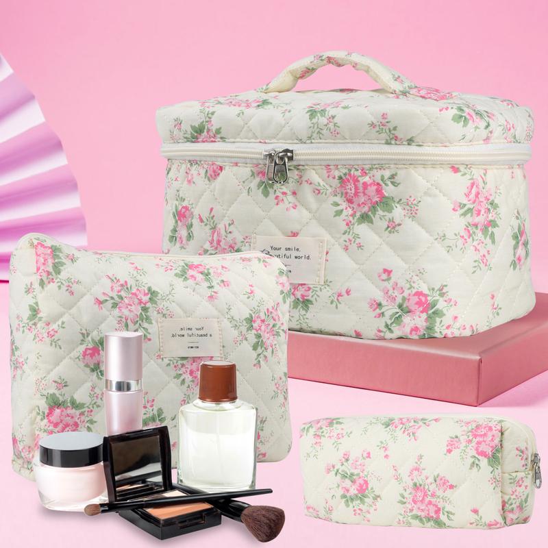 Cute Makeup Bag for Women(3 Pcs) , Quilted Floral Coquette Aesthetic Make up Bags, Travel Cosmetic Bags Toiletry Organizer Bag